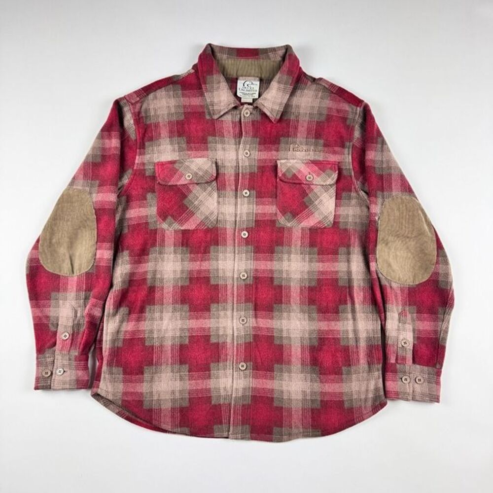 Ducks Unlimited Shacket Shirt Jacket Size L Red Plaid Hunting Elbow Patches
